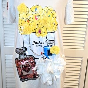 Designer Rare Tshirt Top Mini Dress Sequined Paris 3D Design Embroidered LARGE